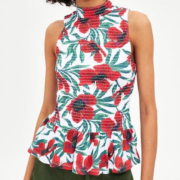ZARA Floral Print High Neck Tank w/ Ruffles - Picture 2 of 7